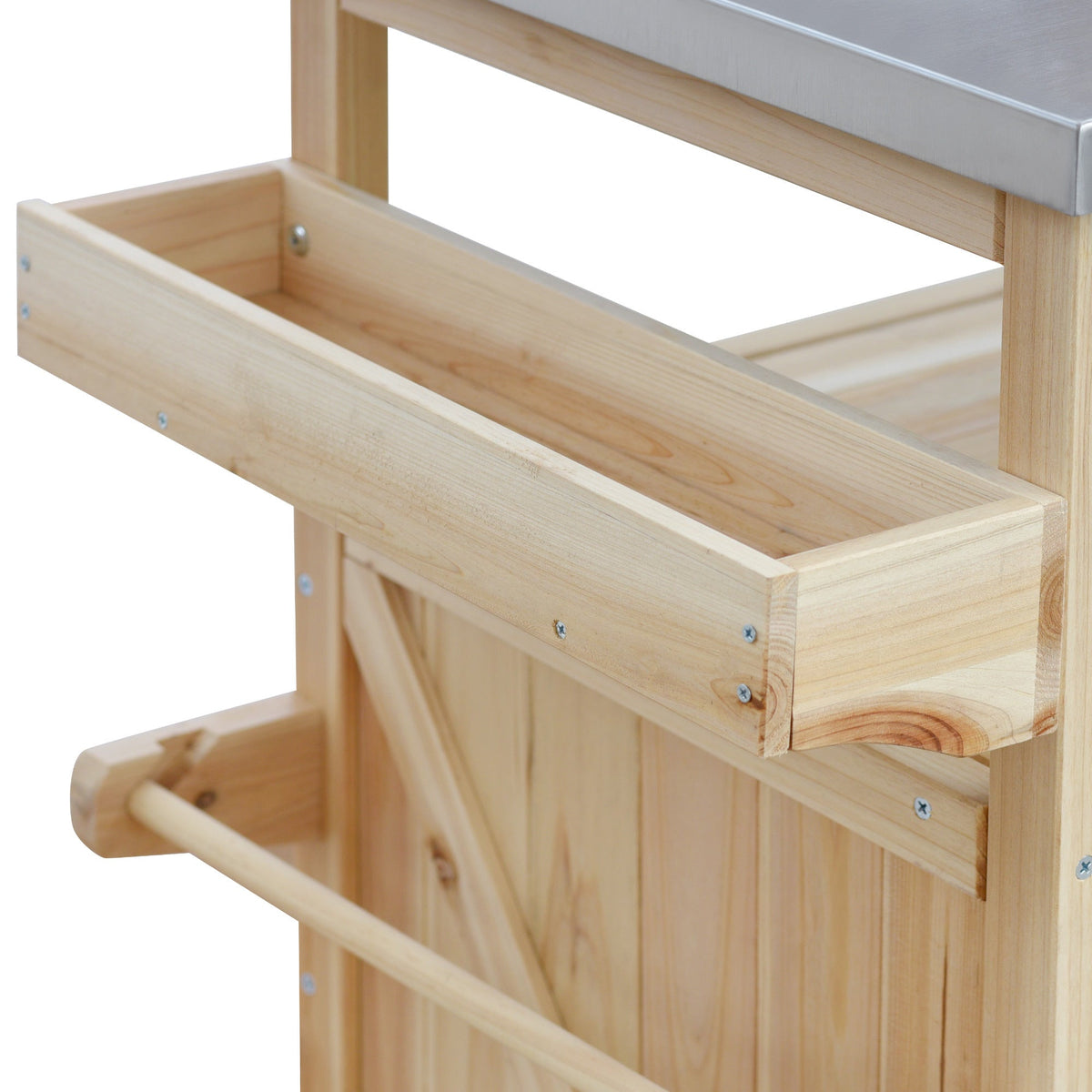Outdoor Kitchen Island Rolling Bar Cart with Stainless Steel Top - Natural