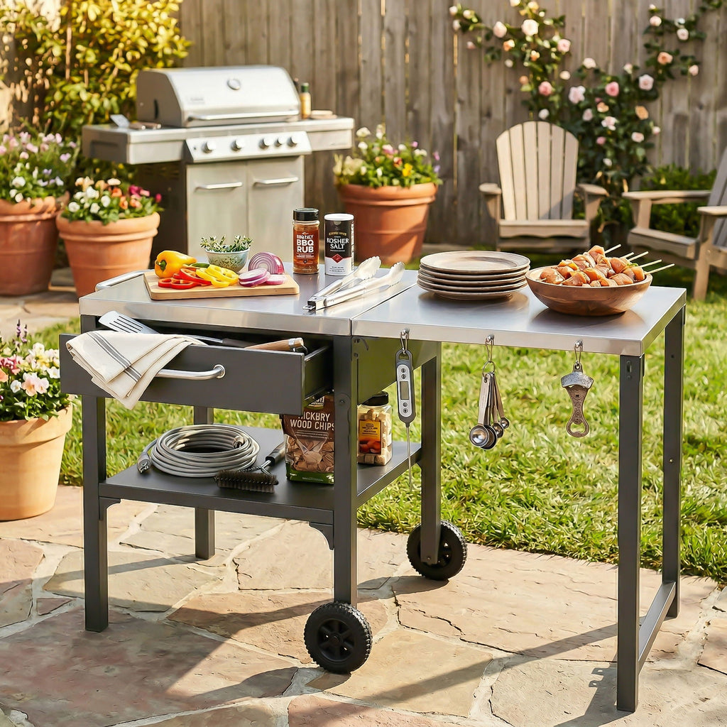 Foldable Outdoor Kitchen Cart with Storage - Black