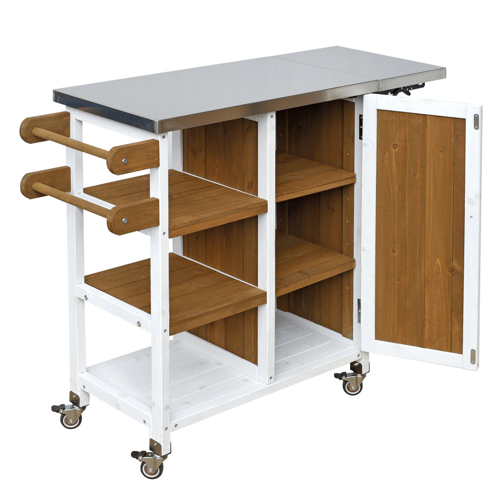 Foldable Outdoor Kitchen Island with Stainless Steel Top - Natural Wood