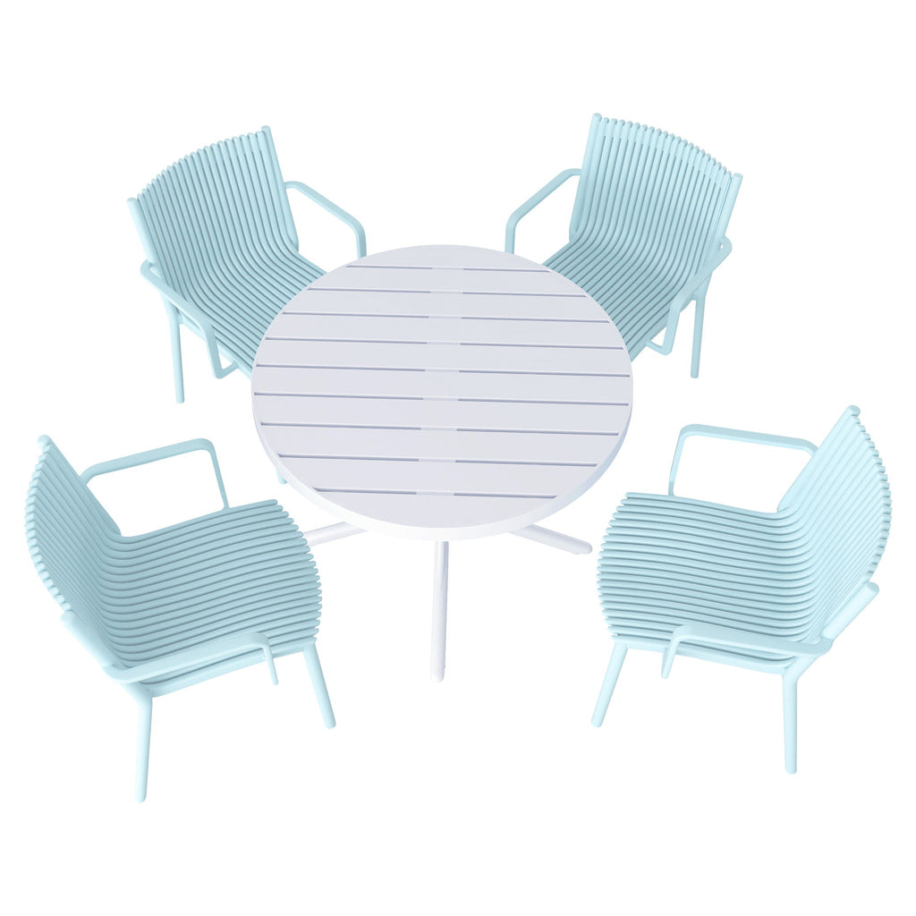4 Modern Stackable Plastic Armchair Set with Round Table - Light Blue or Dark Gray