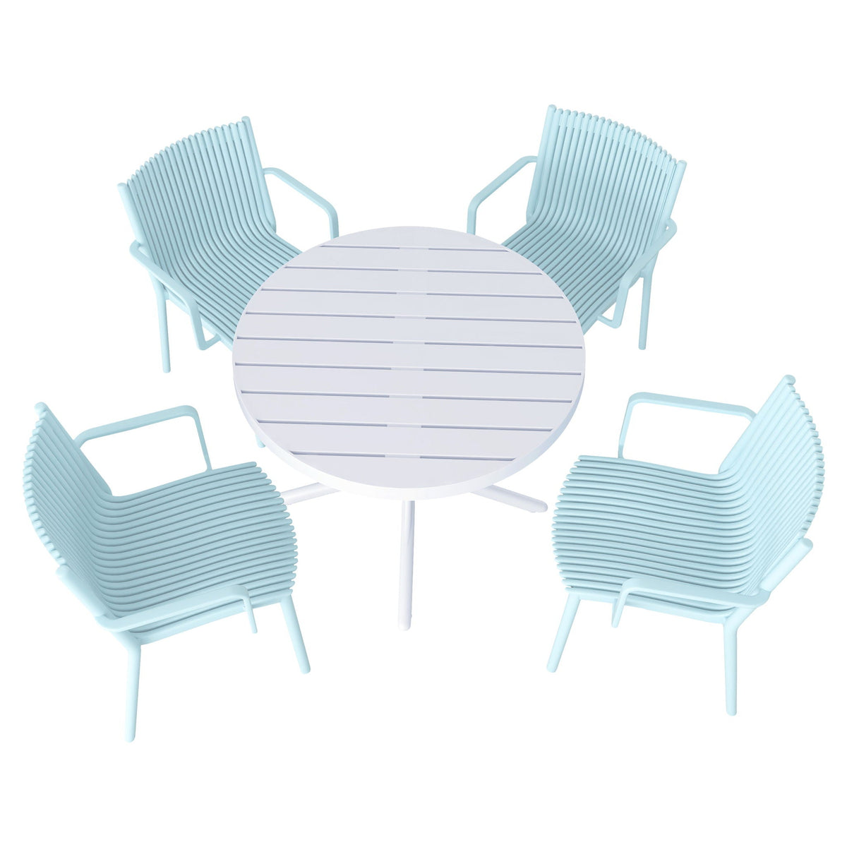 4 Modern Stackable Plastic Armchair Set with Round Table - Light Blue or Dark Gray