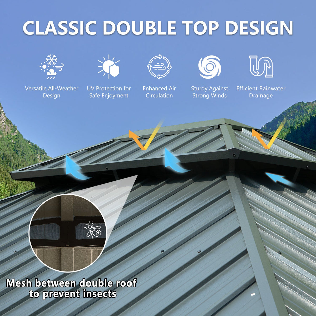 10' x 12' Hardtop Gazebo with Double Roof Canopy and Aluminum Frame - Grey