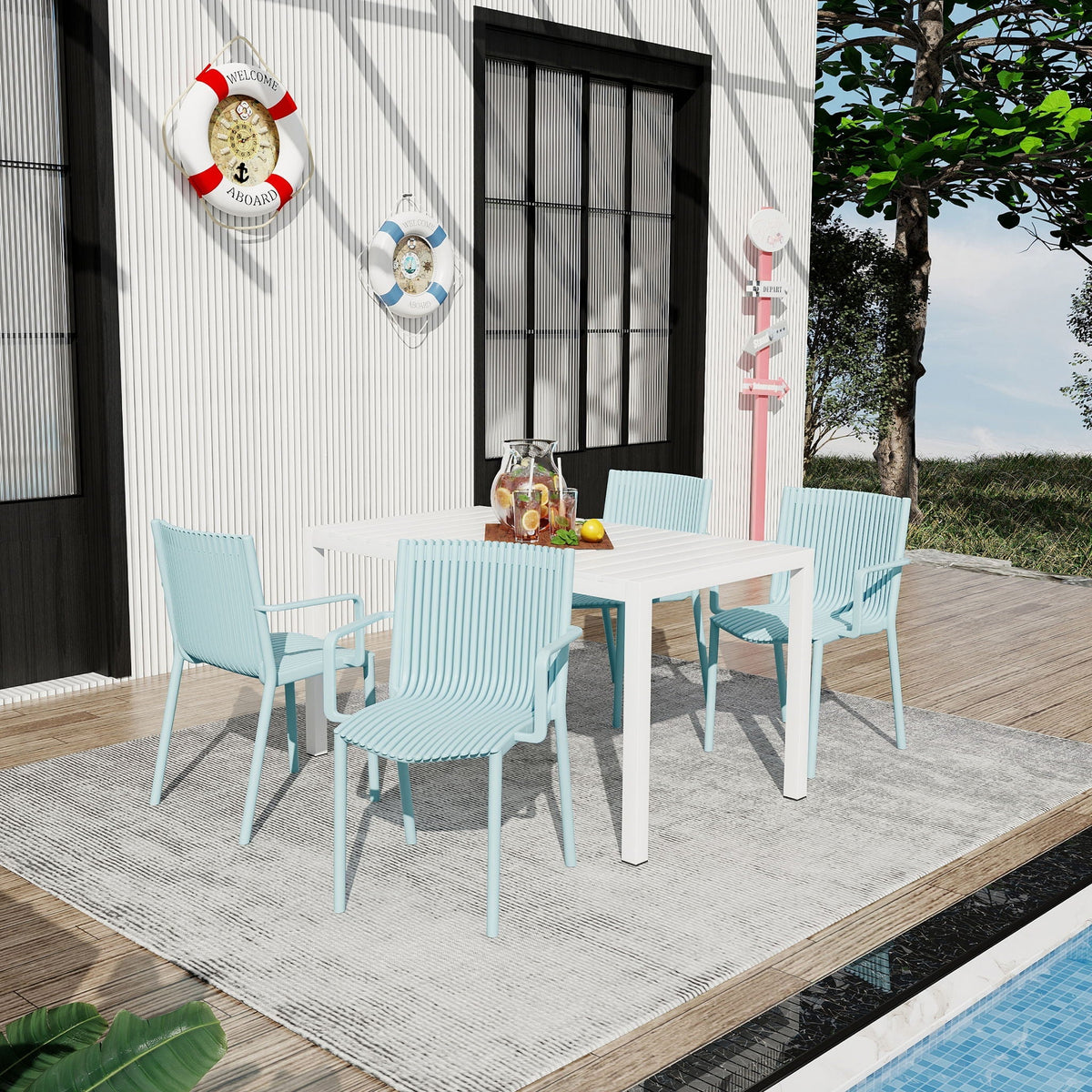 Modern Stackable Armchair Outdoor Dining Set with Long Table - Light Blue or Dark Gray