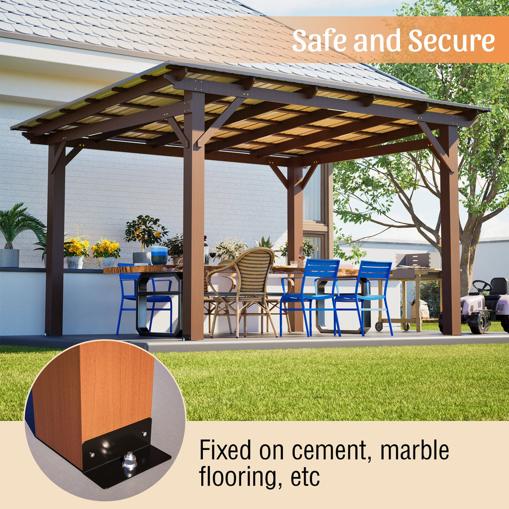 Wooden Garden Gazebo with Metal Roof - 13x10ft Outdoor Pergola - Brown