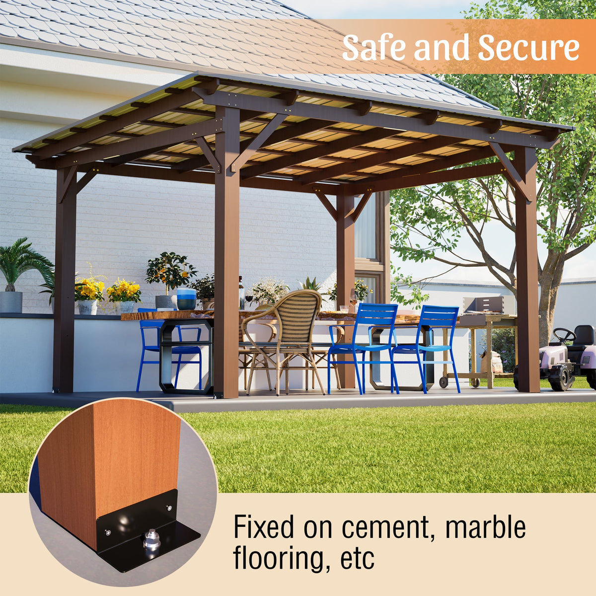 Wooden Garden Gazebo with Metal Roof - 13x10ft Outdoor Pergola - Brown