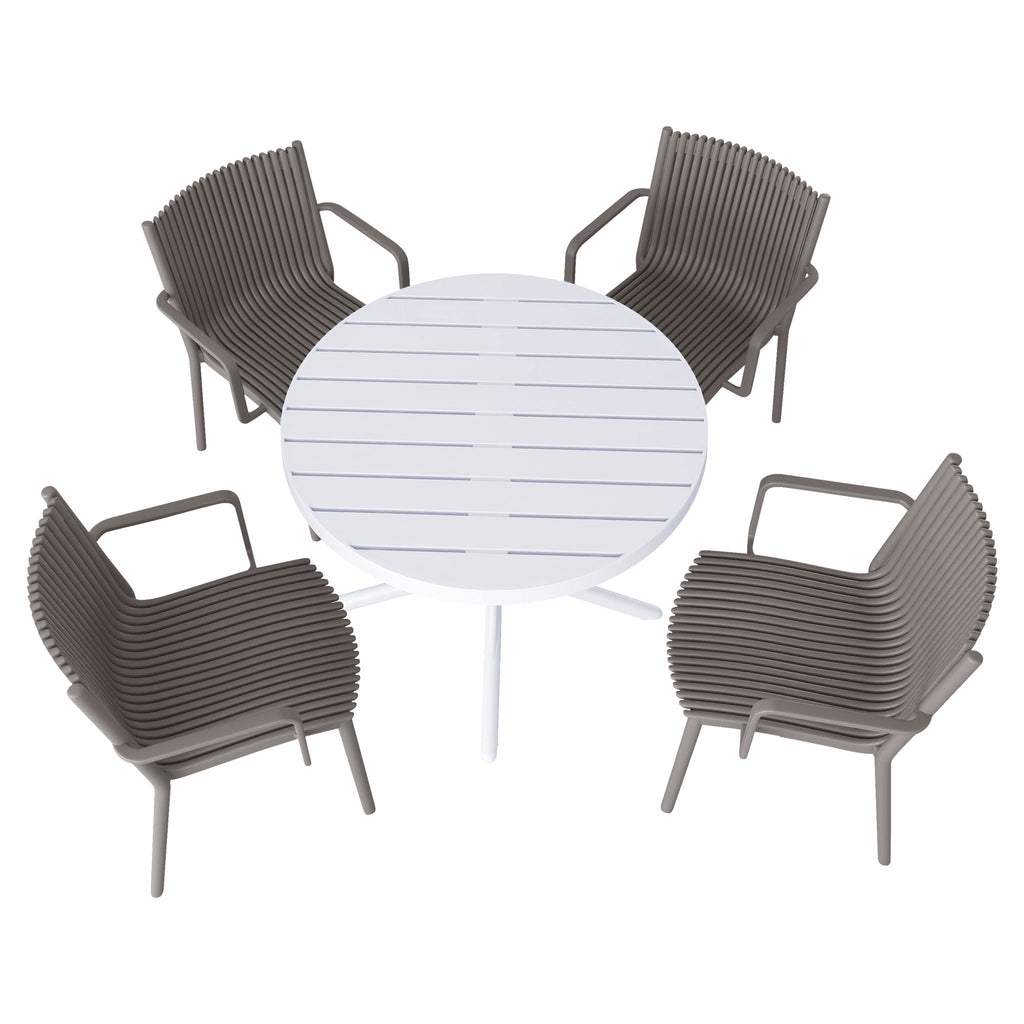 4 Modern Stackable Plastic Armchair Set with Round Table - Light Blue or Dark Gray