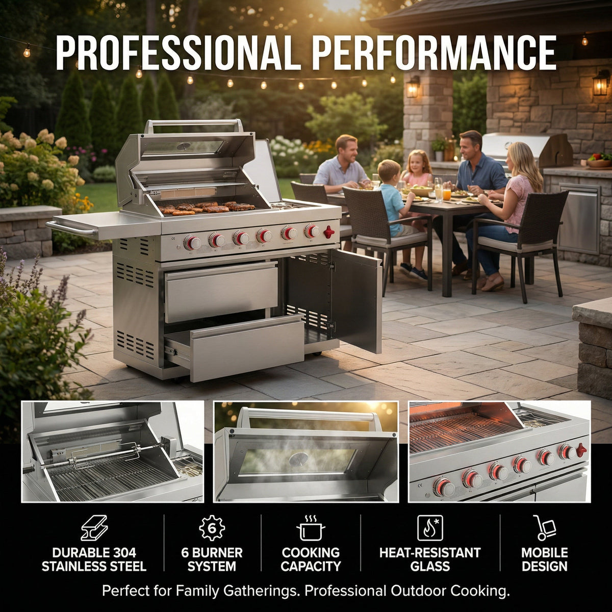 75300 BTU 6-Burner Deluxe Gas Outdoor Kitchen Grill with LED Knobs - Silver