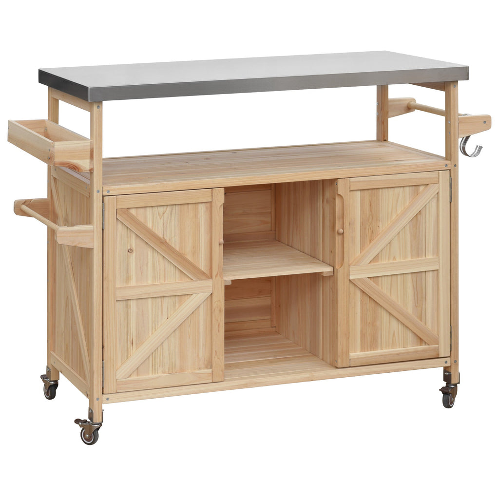 Outdoor Kitchen Island Rolling Bar Cart with Stainless Steel Top - Natural