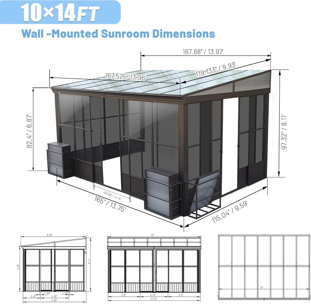 10x14FT All Season Sunroom with Sliding Doors - Dark Brown