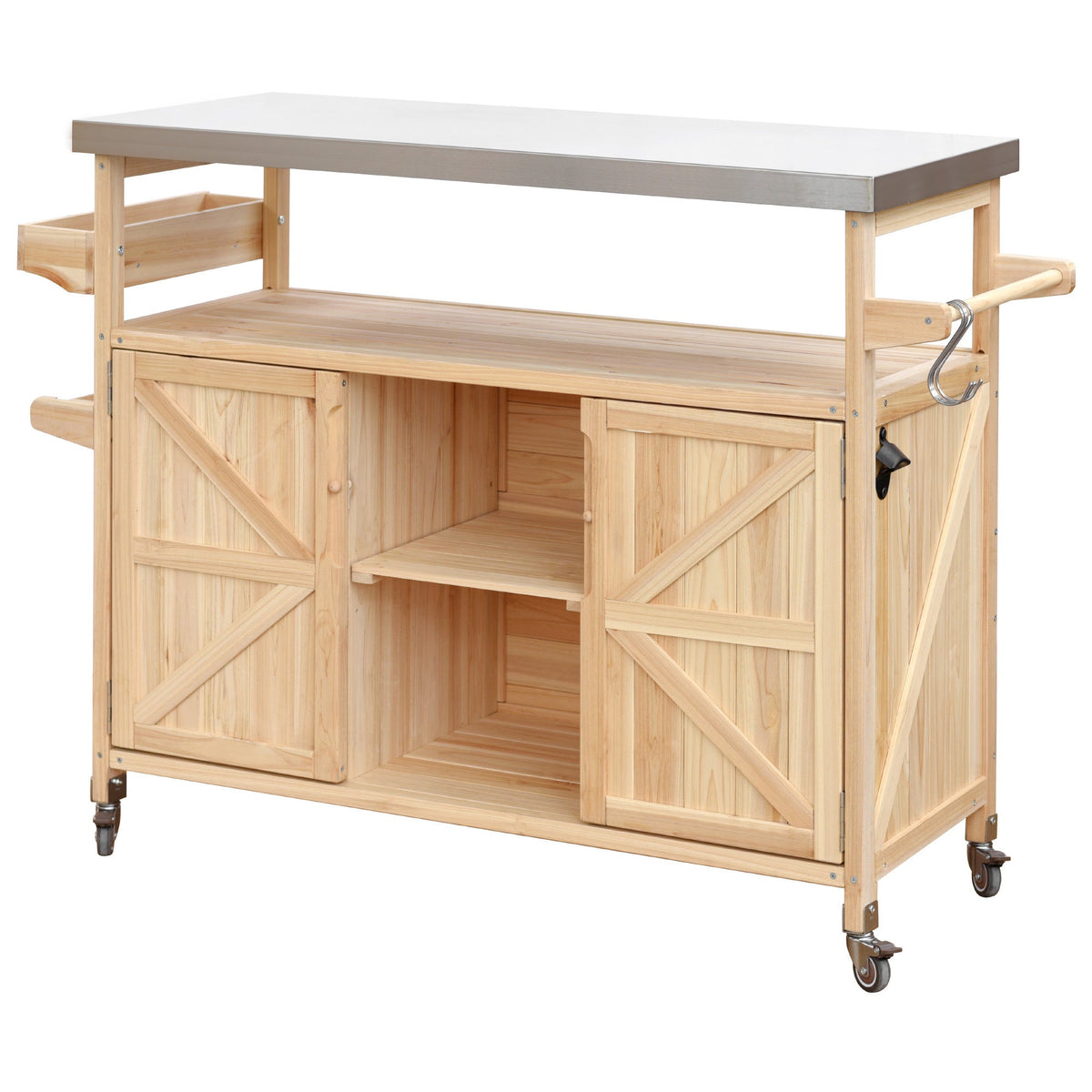 Outdoor Kitchen Island Rolling Bar Cart with Stainless Steel Top - Natural