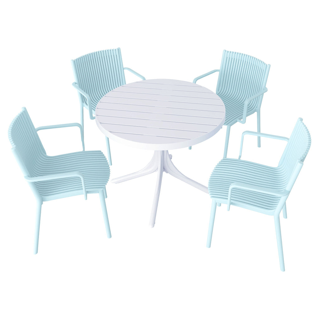 4 Modern Stackable Plastic Armchair Set with Round Table - Light Blue or Dark Gray