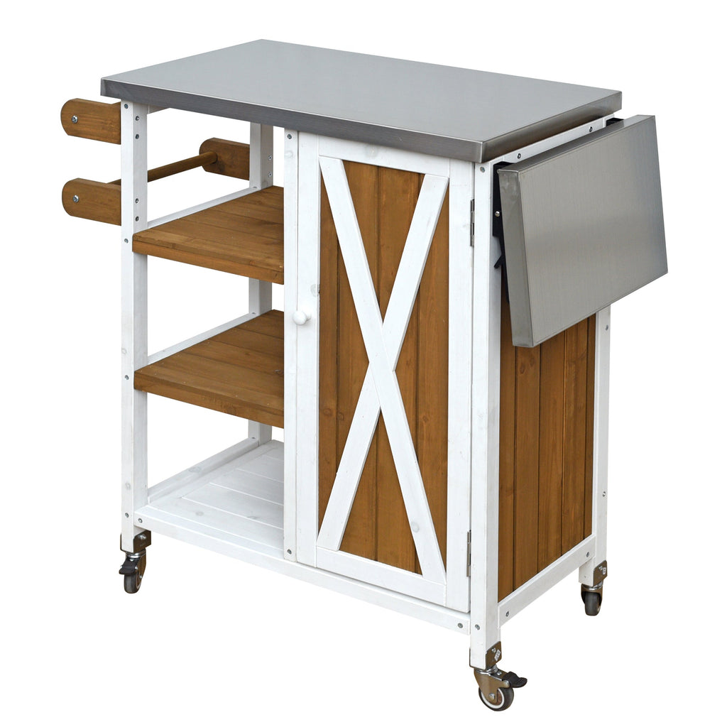 Foldable Outdoor Kitchen Island with Stainless Steel Top - Natural Wood